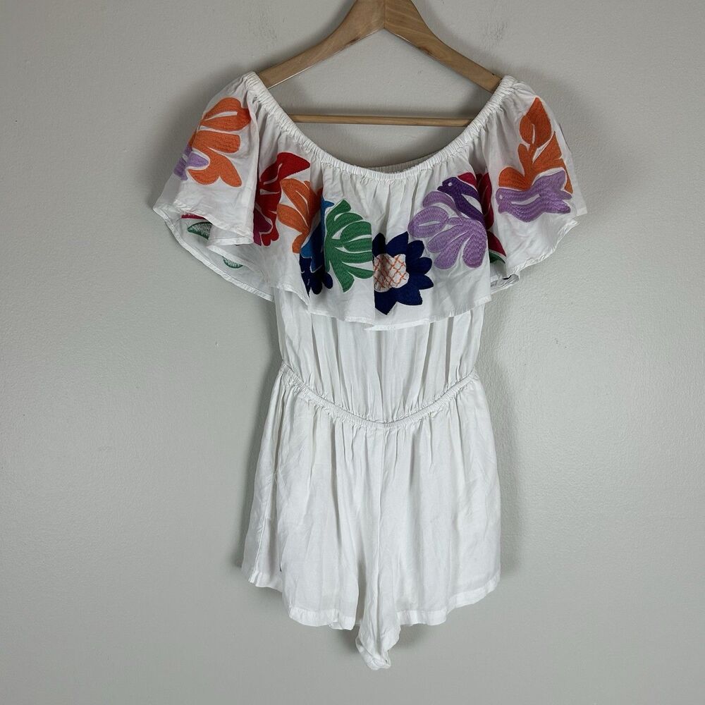 J.Marie S Romper White Embroidered Off The Shoulder Birds Floral Playsuit Park
